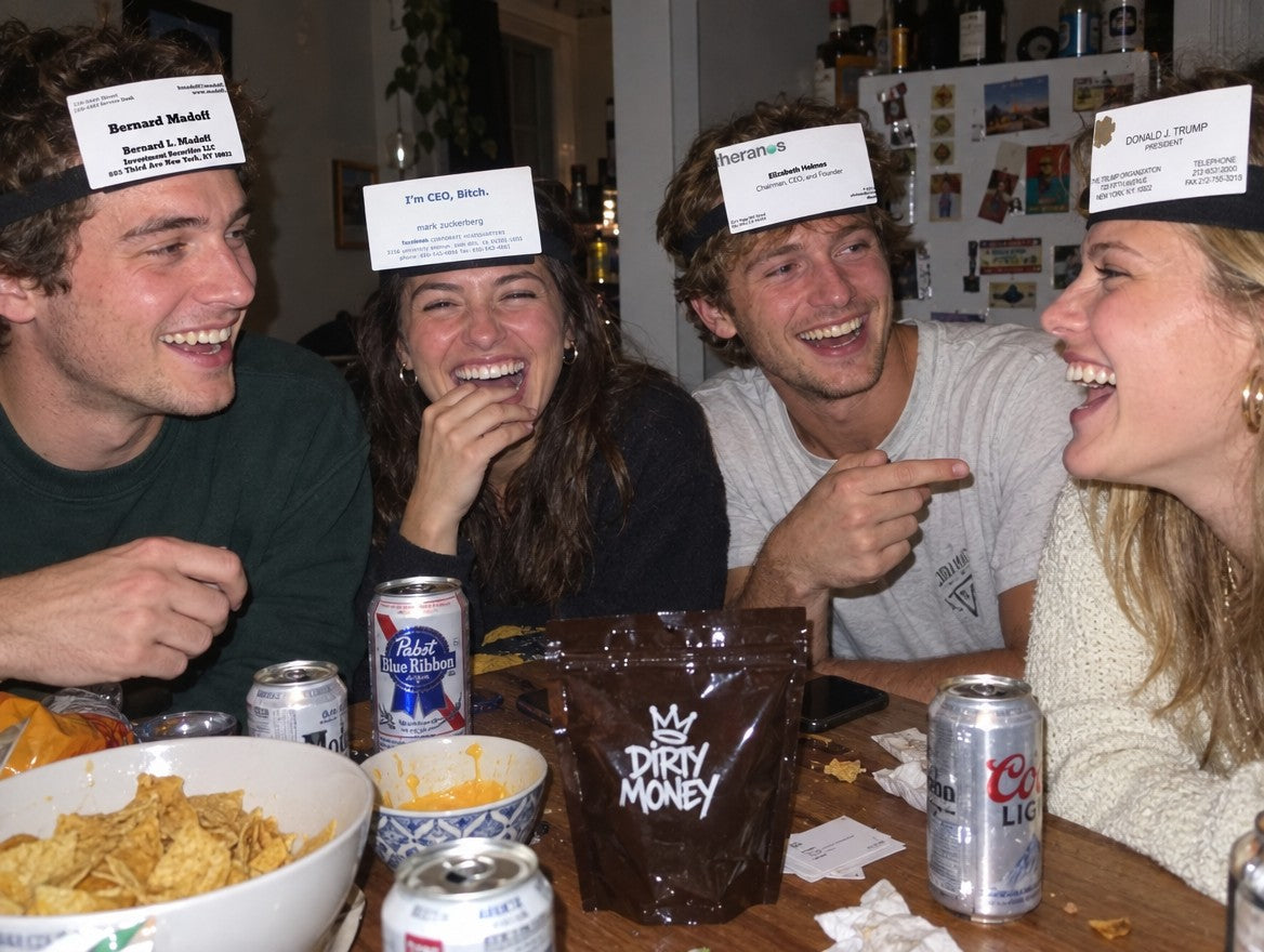 Friends with cards on their foreheads
