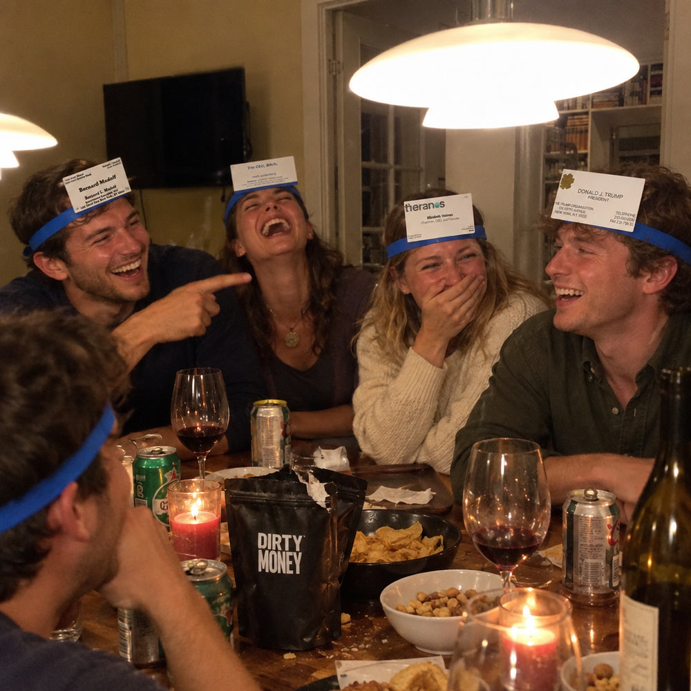 Friends playing the forehead game with founder cards
