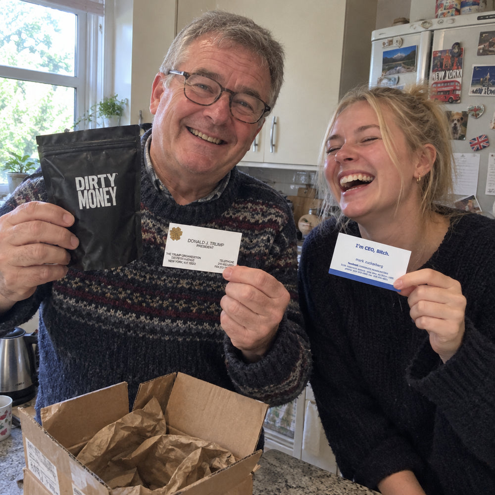 A father and daughter with a freshly opened parcel