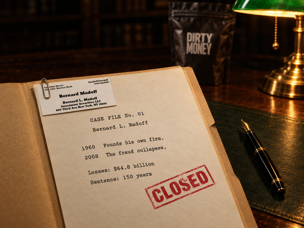 Bernard Madoff card paperclipped to its case file under a banker's lamp