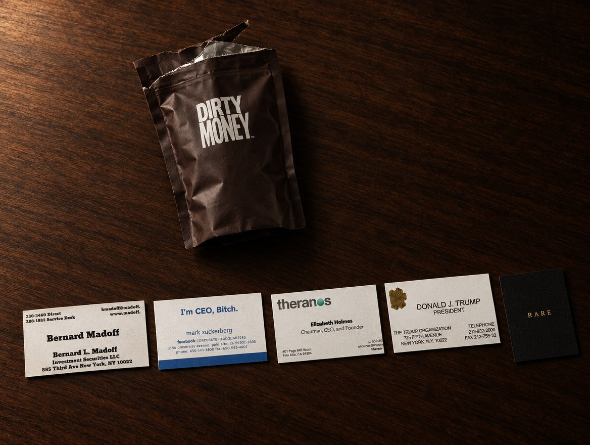 An opened pack with five business cards laid out in a row
