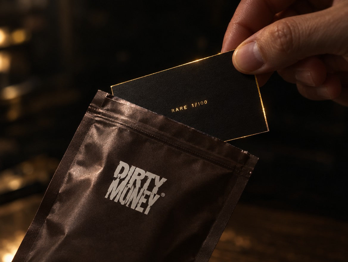A hand pulling a black card with gold edges out of a DirtyMoney pack