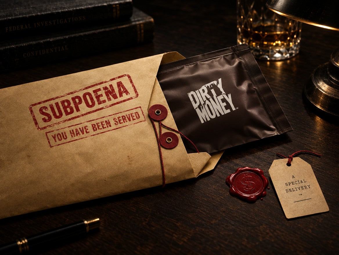 A DirtyMoney pack sliding out of an envelope stamped Subpoena