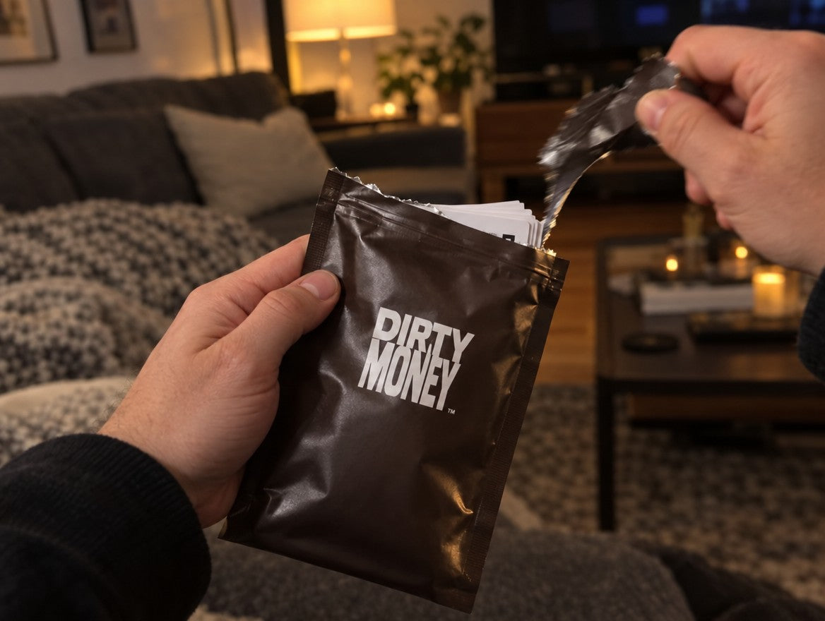 Hands tearing open a DirtyMoney pack