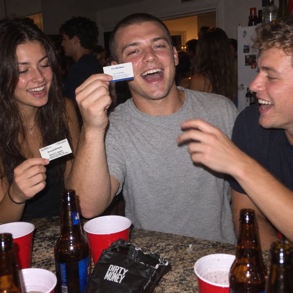 Friends at a house party passing founder cards around