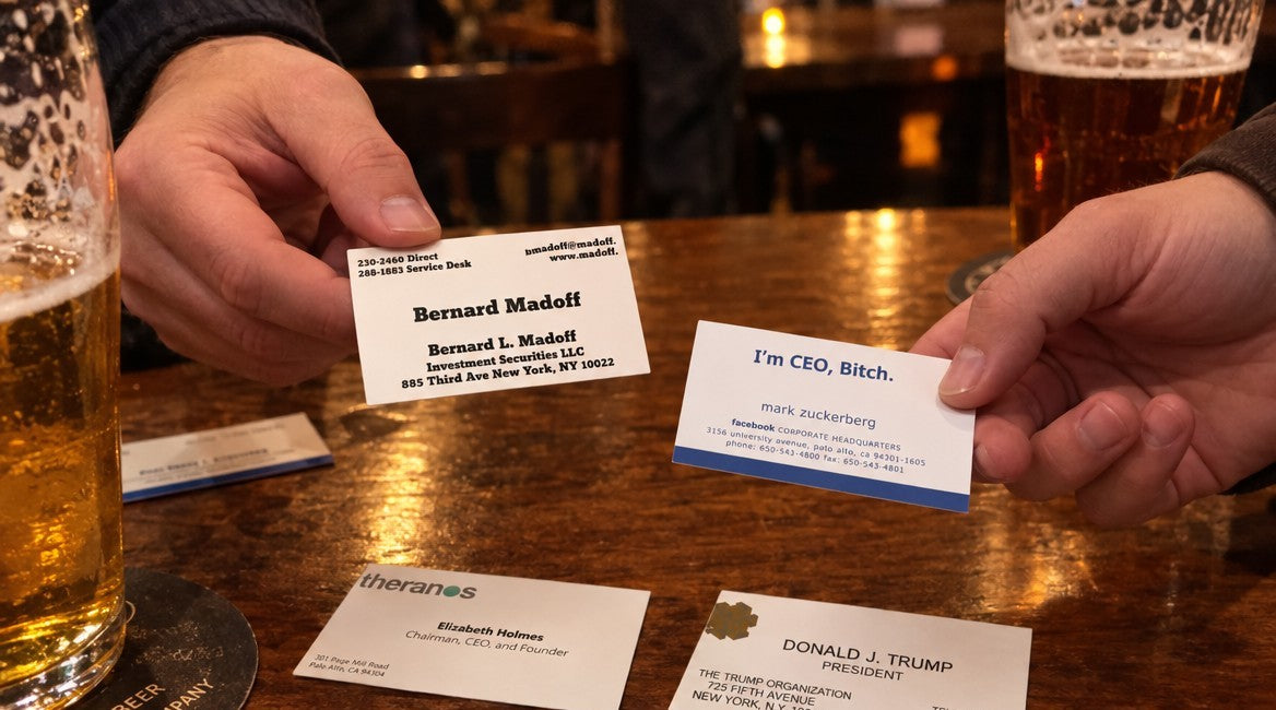 Two hands swapping founder cards across a pub table